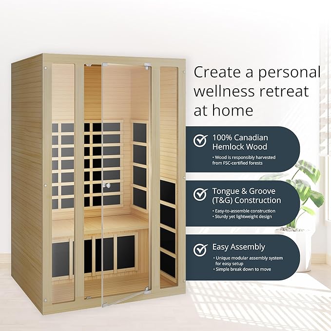 JNH Lifestyles Ensi 2-Person Home Infrared Sauna with Red Light Therapy, Ultra-Low EMF - Indoor Personal Luxury Spa for House and Gym