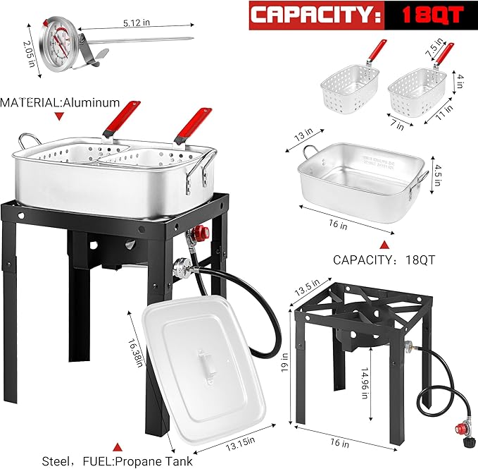 Propane Deep Fryer with 18Qt Square Deep Fryer Pot – High Grade Strainer Basket Aluminum Pot for Fish Fry, Seafood Pot – Propane Burners for Outdoor Cooking Include Lid -OT1808-2-LID