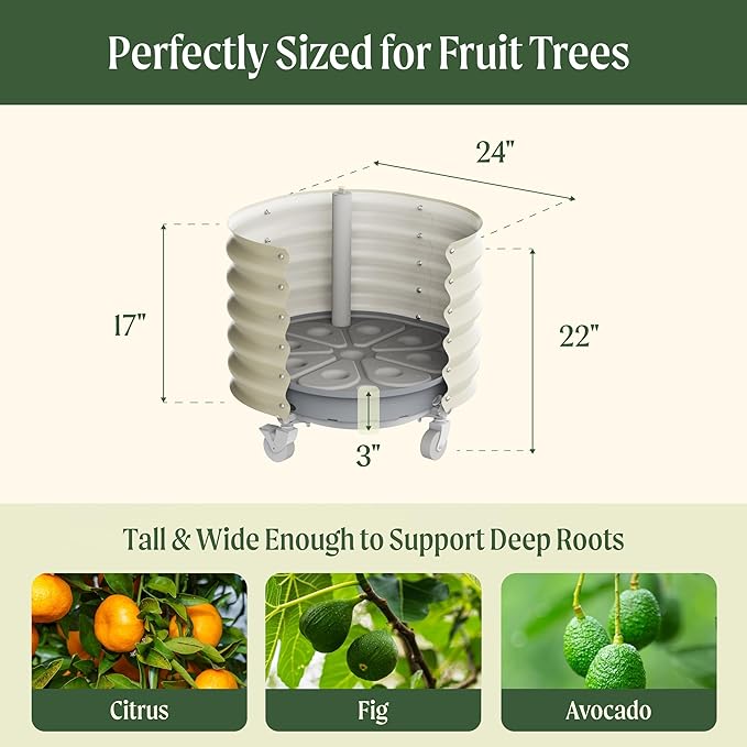 Rolling Metal Citrus Tree Planter, Self-Watering Round Planter Box for Porch Patio & Backyard, Raised Garden Bed with Wheels for Growing Trees Tomatoes Vegetables and Flowers, Twin Pack-Modern Gray