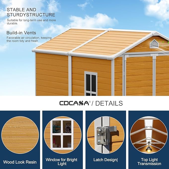 CDCASA 8x6 FT Resin Shed, Waterproof Large Outdoor Storage Shed with Floor Included & Vents, Outside Plastic Tool Shed for Garden Patio Poolside Lawn, Wood-Like Brown