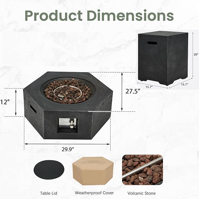 ECOTOUGE 2-Piece Propane Fire Pit, Outdoor Gas Fire Pit Table w/Tank Cover, 30''Auto-Ignition Steel Fire Table, 50,000 BTU Hexagon Concrete Fire Pit w/Weather-Resistant Pit Cover, Lava Rocks, Black