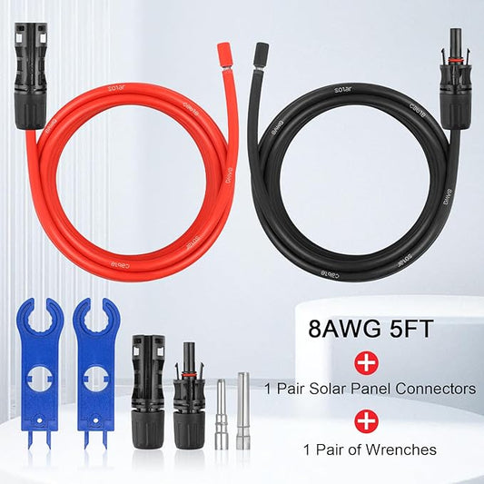 8AWG Solar Extension Panel Cable - 5FT PV Wire with Waterproof Female and Male Connector and Adaptor Kit Tool PV Wire for RV, Home, Boat, Solar Panels(5feet Red + 5feet Black)