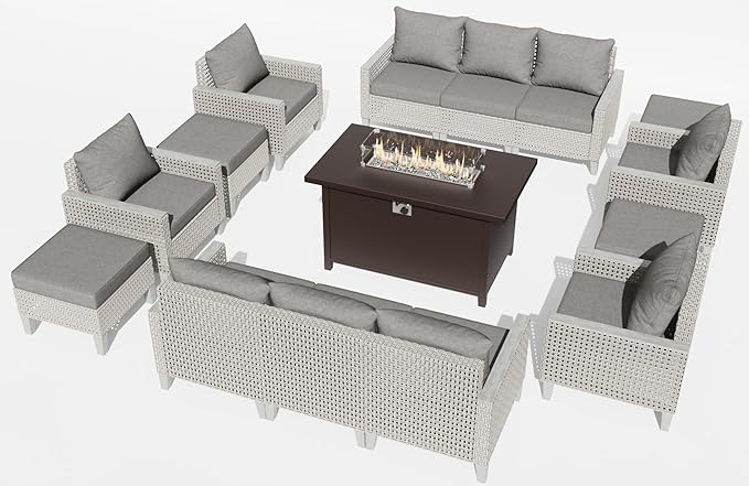 Outdoor Patio Furniture Set with Fire Pit Table 15-Piece Modular Wicker Sectional Sofa with Ottomans and Thick Cushions, Modern Rattan Outdoor Conversation Couch, Grey