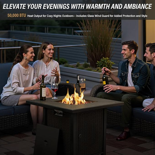 5 Pieces Patio Furniture Set with 50000 BTU Propane Fire Pit Table, All-Weather Patio Rocking Chairs, Loveseat Glider and Side Table for Outdoor Conversation Deck Backyard Poolside Beige