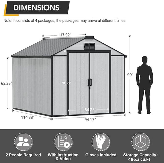 8 x 10 FT Resin Outdoor Storage Shed, All-Weather Plastic Garden Shed with Floor, Lockable Doors & Windows, Plastic Tool Shed for Poolside, Backyard, Patio