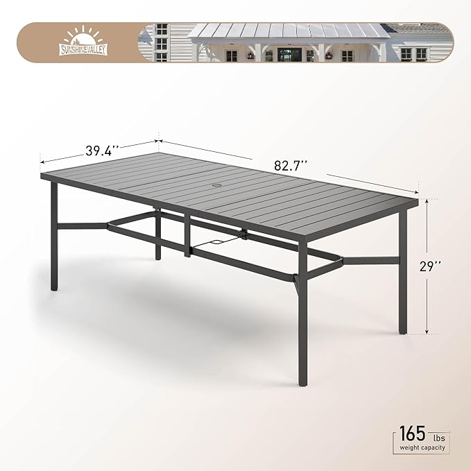 83" Patio Table for 8,Large Rectangle Patio Dining Table with Umbrella Hole,E-Coating and Powder Coating Steel Frame Metal Outdoor Patio Table for Garden Backyard Lawn Yard