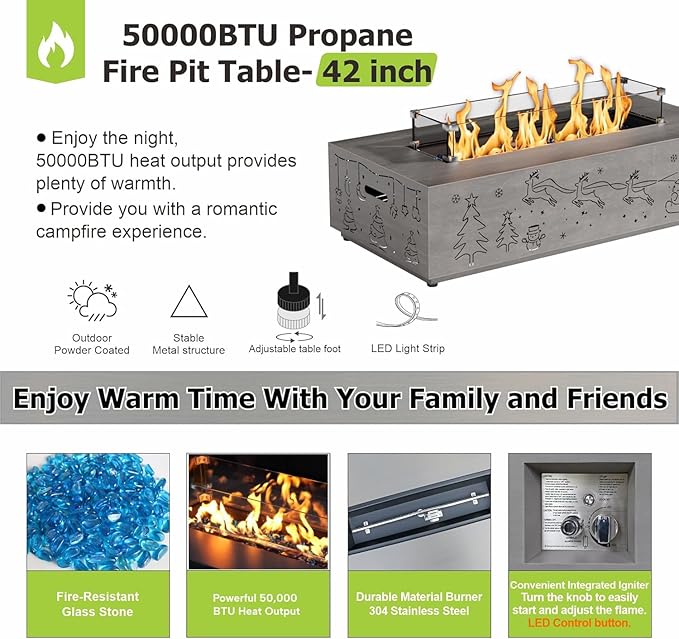 42" Propane Fire Pit Table with Christmas Cutout Decoration and RGB Lights – 50,000 BTU with Wind Guard Glass, Lid, Rocks and Cover – Outdoor Fireplace (Grey/Christmas RGB, 42" LED)