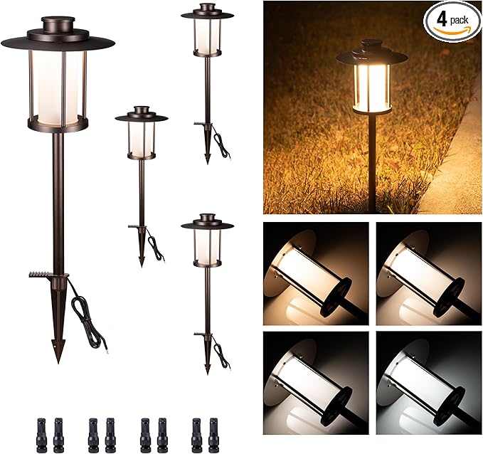 Varmtalys Low Voltage Landscape Path Light, Warm & Cool White Selectable Pathway Lights Wired, 12v Walkway Lamp IP65 Waterproof, LED Oil-Rubbed-Bronze Aluminum 150LM for Outside Patio Yard (4 Pack)