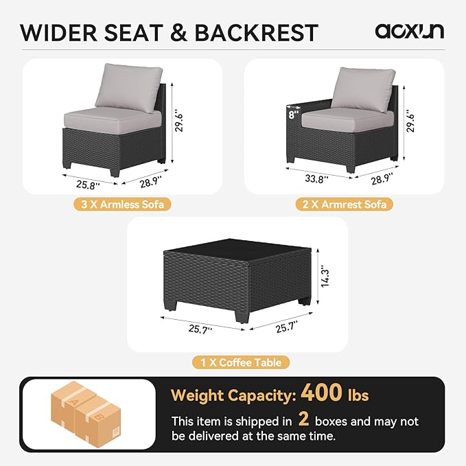 Aoxun Patio Furniture Set, 6 Pcs Outdoor Patio Furniture Sets with 4in Thicken Cushion, Widen Armrests Wicker Outdoor Sectional for Backyard (Waterproof Cover Include)