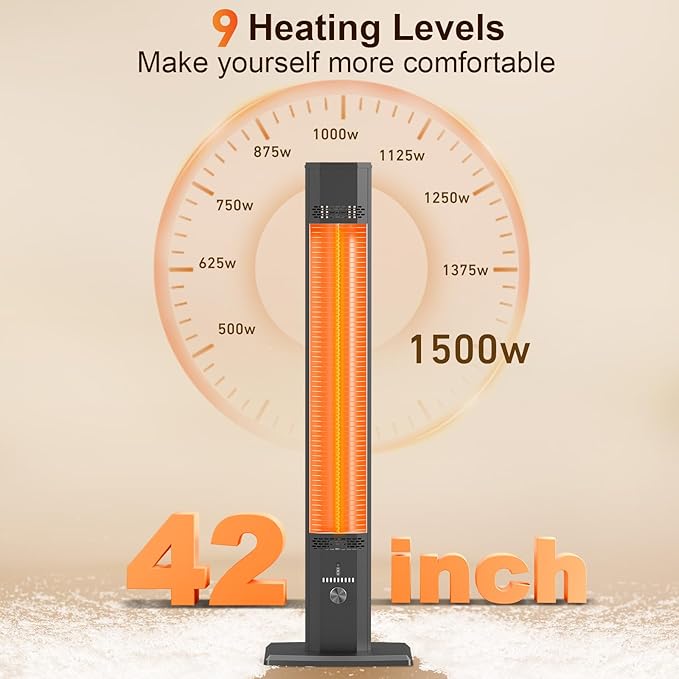 42 INCH Patio Heater, 1500W Outdoor Heater, 9 Heat Levels & 9 Hour Timer, 1S Instant Heat, Infrared Heater with Child Safety Lock, IP65 Waterproof, Tip-Over for Outdoor Indoor Use, Black