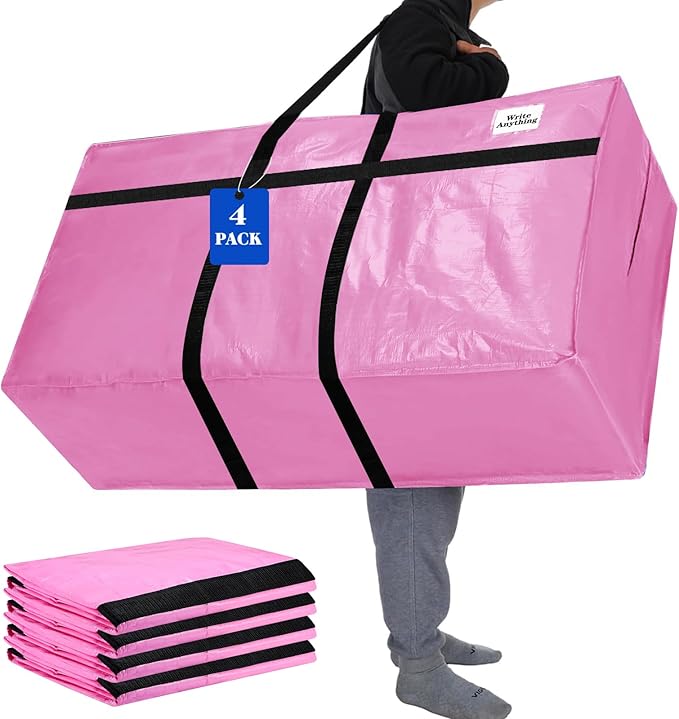 Windyun 4 Pack 69 Gallon Extra Large Storage Bags XXL Moving Bags with Zipper Handles Heavy Duty Jumbo Big Tote Box for Christmas Tree Storage 4, 5, 7.5, 9, 10, 12 ft Skeleton College Dorm(Pink)