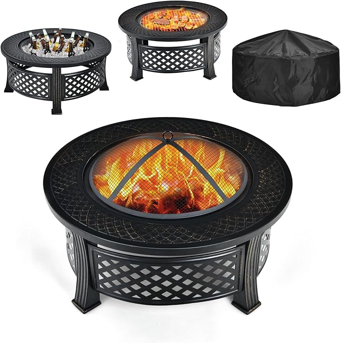 Giantex 3 in 1 Fire Pit, 32" Outdoor Wood Burning Fire Pit, Multifunctional Round Firepit Stove, Metal Fire Bowl with Cover, Portable Fire Pits for Outside Heating, Bonfire, Picnic, Grill