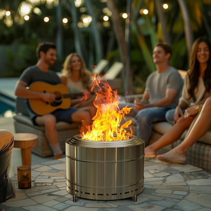 Large Smokeless Fire Pit 26" with Stand Wood Burning Stainless Steel Outside Firepits for Outdoor Backyard Patio Garden Picnic Camping Bonfire