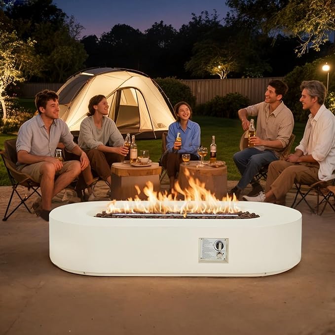 ECOTOUGE 60''Propane Fire Pit, Outdoor Gas Fire Pit Table Set w/Side Handles, Auto-Ignition Steel Fire Table, 50,000 BTU Oval Concrete Fire Pit w/Weather-Resistant Pit Cover, Lava Rocks,White