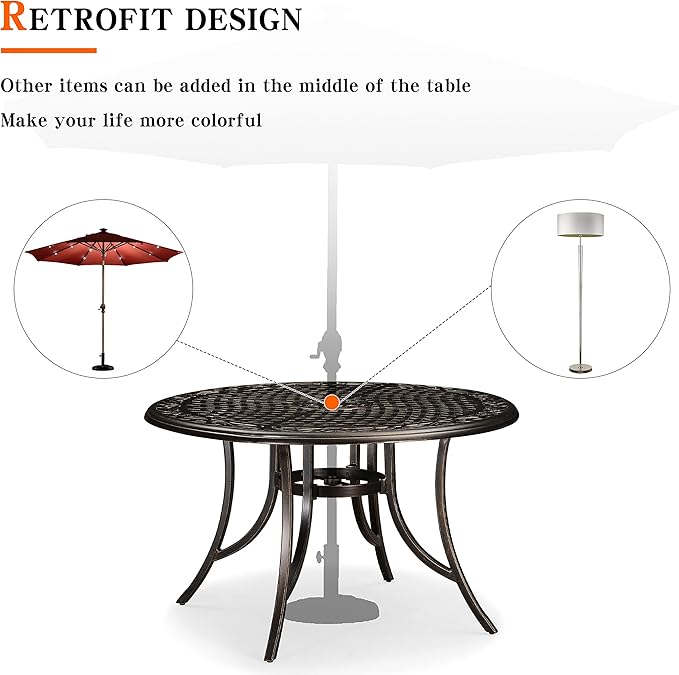 PURPLE LEAF Outdoor Dining Table 47'' Cast Aluminum Patio Funiture Table with Umbrella Hole Rhombic Round Patio Dining Table