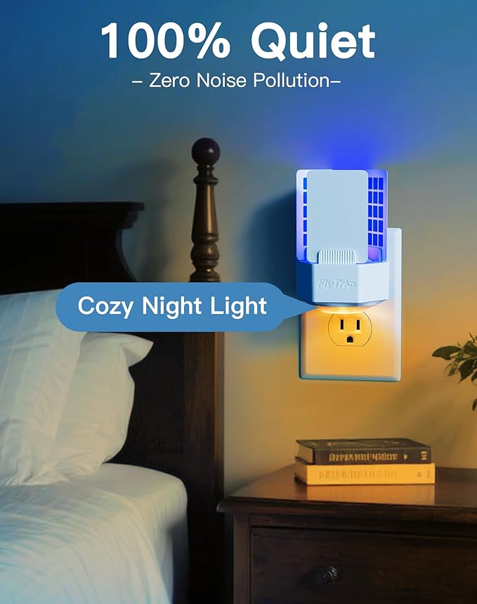 Plug-in Fly Trap Indoor with Three-Sided Glue Board, 2 in 1 Gnat Traps for House Indoor with UV & Night Light, Flying Insect Trap for House & Fruit Flies (1 Device + 6 Glue Boards) (White)