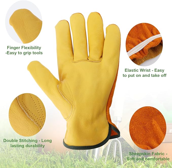 Leather Work Garden Gloves for Men & Women，Safety Work Gloves for Gardening, Welding, Construction, Farm, Ranch, etc. Thorn Proof , Planting,Heavy Duty，Roses Pruning Gardening Working Gloves, Gifts M