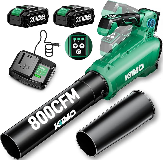KIMO Leaf Blower Cordless with Battery and Charger, 800CFM/300MPH, Precision Adjustment Handle, 3Speeds w/ Visual Panel, Lightweight, 2 Extended Tube, 2* 2.0 Battery Powered Leaf Blowers for Lawn Care