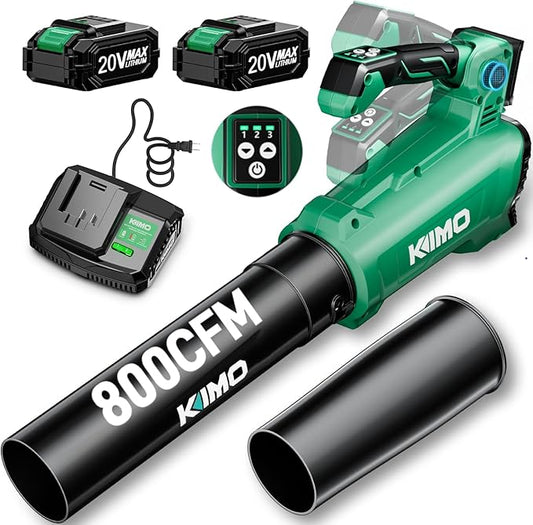 KIMO Leaf Blower Cordless with Battery and Charger, 800CFM/300MPH, Precision Adjustment Handle, 3Speeds w/ Visual Panel, Lightweight, 2 Extended Tube, 2* 2.0 Battery Powered Leaf Blowers for Lawn Care