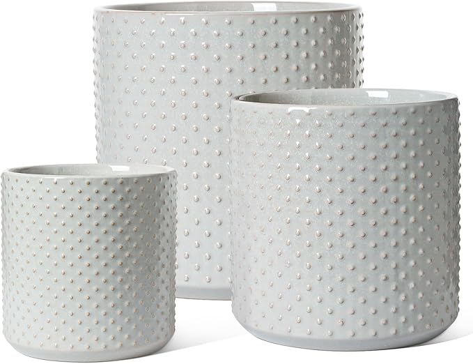 LE TAUCI Ceramic Plant Pots Indoor, 10+8+6 Inch Planters for Indoor Plants, Raised Dots Flower Pots with Drainage Hole and Plug, Cylinder Round Planters, Set of 3, Glaze Star Gray