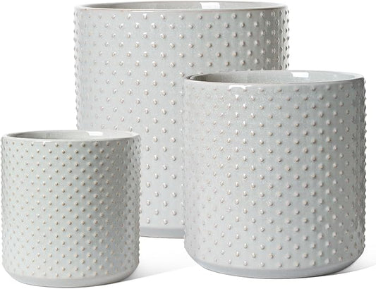 LE TAUCI Ceramic Plant Pots Indoor, 10+8+6 Inch Planters for Indoor Plants, Raised Dots Flower Pots with Drainage Hole and Plug, Cylinder Round Planters, Set of 3, Glaze Star Gray