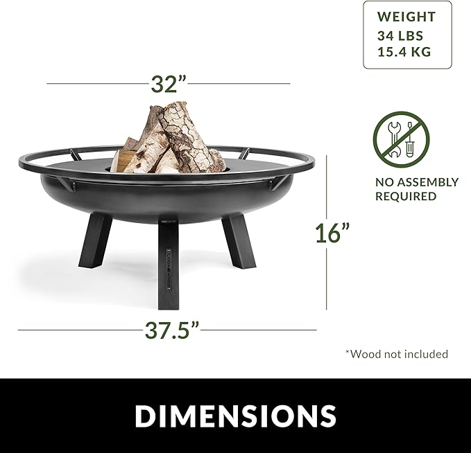 Ember 32" Handcrafted Cooking Fire Pit, Cooking Grill Plate Attachment and Cover Lid Attachment for Wood Burning for Backyard Grilling Campfire for Camping, Outdoor Steel, Good Directions Firepit
