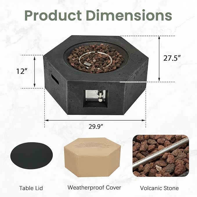 ECOTOUGE Propane Fire Pit Table, Outdoor Gas Fire Pit Set w/Side Handles, 30''Auto-Ignition Steel Fire Table, 50,000 BTU Hexagon Concrete fire Pit w/Weather-Resistant Pit Cover, Lava Rocks, Black