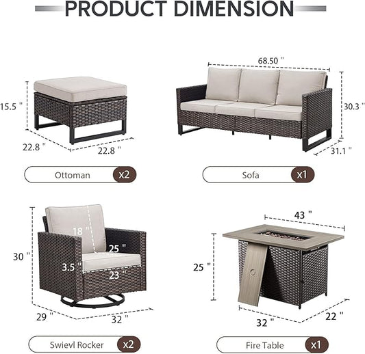 6 Piece Wicker Patio Furniture with Fire Pit Table - Outdoor Conversation Set with 50,000 BTU Fire Pit, All Weather Rattan Patio Set for Deck Backyard Garden - Brown Wicker Beige Cushion