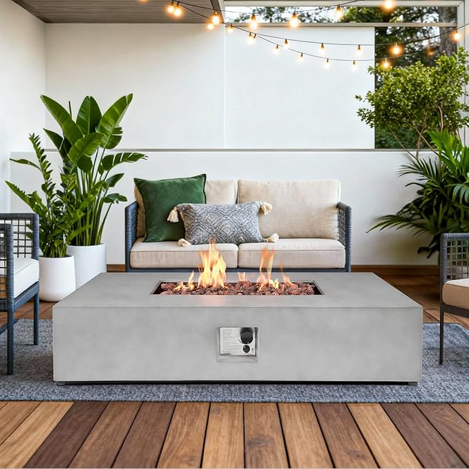 54" Outdoor Propane Fire Pit Table Set, 50,000 BTU Rectangle Concrete Gas Fire Pit Coffee Table W Auto-Ignition, Stainless Steel Burner, Lava Rocks, and Rain Cover for Patio, Backyard, Garden, Porch