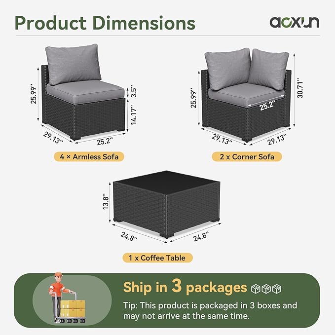 Aoxun 7 Piece Patio Furniture Set Wicker Rattan Patio Sectional Sofa Set Outdoor Seating Furniture with Thickened Cushion, Grey