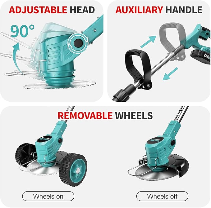 Powzen 36V Electric Weed Wacker Cordless String Trimmer Battery Powered/w 2X 6.0Ah Battery and 2.0Amp Charger, Height Adjustable Wheeled，3-in-1 Grass Trimmer/Brush Cutter/Hedge Trimmer/Weed Eater