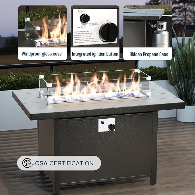 Aluminum Patio Furniture Set with Fire Pit Table, 6 Seats Outdoor Patio Conversation Set with Swivel Chair Modern Metal Patio Sectional Sofa with Upgrade Cushions for Patio, Backyard Grey.