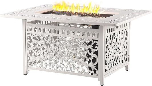 Rectangular 48 in. x 36 in. Aluminum Propane Fire Pit Table, Glass Beads, Two Covers, Lid, 57,000 BTUs in White Finish