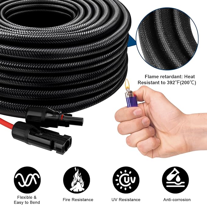 Solar Panel Extension Cable - 10AWG 25FT Solar Wire with Female & Male Waterproof Connector Flame Retardant Protective Sleeving PV Wire for RV, Photovoltaic Systems, Home, Boat, Solar Panels, Car