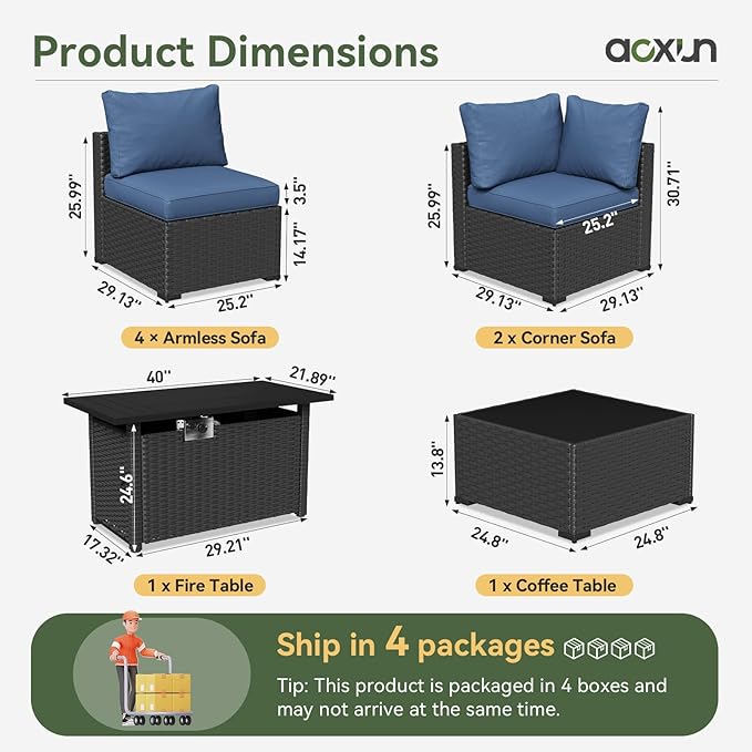 Aoxun 8 Piece Patio Furniture Set with 44” Fire Pit Table Wicker Rattan Patio Sectional Sofa Set Outdoor Seating Furniture with Thickened Cushion, Navy Blue