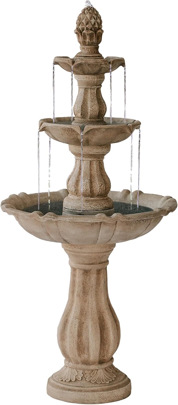 XBrand Outdoor Water Fountain 51 inch 3-Tier Garden Fountain with Pump, Weather Resistant Resin Patio & Yard Waterfall Feature - Beige