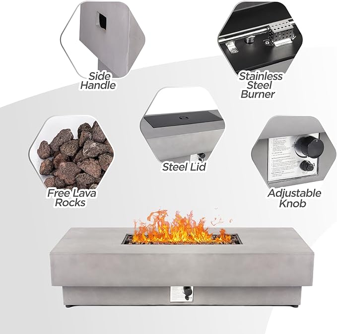 60-inch Outdoor Propane Fire Pit Coffee Table with Tank Cover, 50,000 BTU Concrete Rectangle Modern Outside Fire Table, Auto-Ignition, Included Lava Rocks, Metal Lid & Waterproof Cover