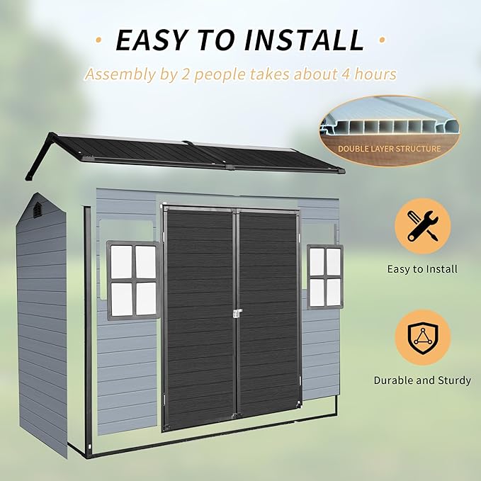 8x4FT Resin Outdoor Storage Shed with Floor and 2 Windows,Waterproof Plastic Sheds with Lockable Doors,Outside Garden Tools Sheds for Backyard Patio,Gay+Black