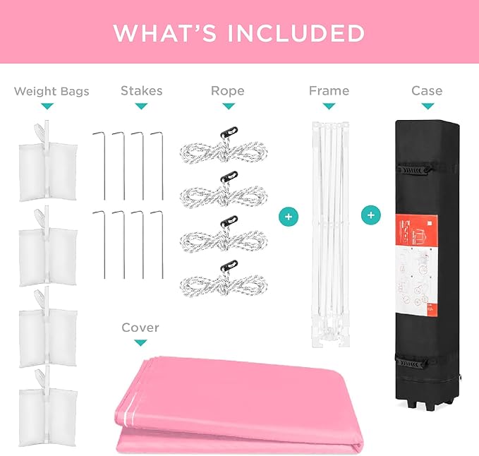 Best Choice Products 8x8ft 1-Person Setup Pop Up Canopy Tent Instant Portable Shelter w/ 1-Button Push, Case, 4 Weight Bags - Pink/White