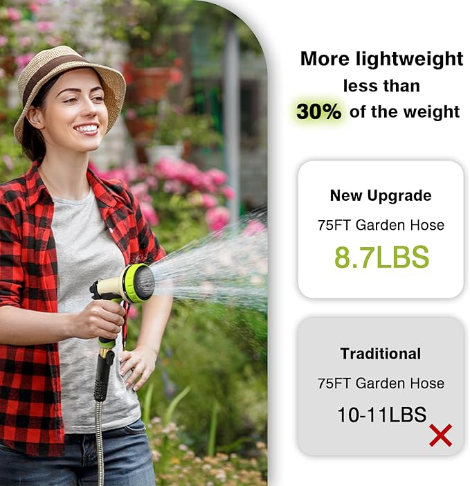 Metal Garden Hose 75FT - Stainless Steel Water Hose With 10 Function Nozzle & 3/4" Fitting, Lightweight, Heavy Duty, No Kink & Leak Proof Flexible Hose for Yard, Outdoor, Lawn, Car Washing