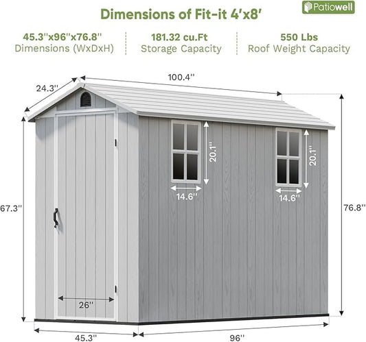 Patiowell 4 x 8 FT Plastic Outdoor Storage Shed with Floor, Garden Tool Shed with Two Windows and Single Lockable Door for Garden, Backyard, Lawn, Easy to Install, Light Grey(Fit-it Shed)