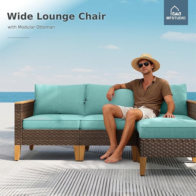 MFSTUDIO 10 Pieces Wicker Patio Furniture Set with 56" Fire Pit Table, Half-Moon Curved Outdoor Patio Sectional Sofas, Extra Large Rattan Outdoor Conversation Set for Lawn, Garden(Aqua Blue Cushion)