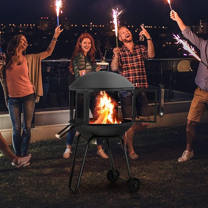HAPPYGRILL 28” Outdoor Fire Pit, Rolling Patio Wood Burning Firepit with Lockable Doors, Fire Poker, Pine Wood Handle & Wheels, Heavy Duty Fire Pit for BBQ Entertaining Camping