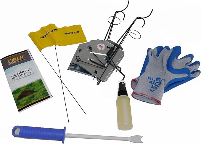 Cinch Mole Trap Kit (Small) – 2 Traps, Gloves, Tunnel Tool, Spray, Flags & brochure for Humane mole Control. Easy to Set, no Chemicals, Reusable. Made in The USA.