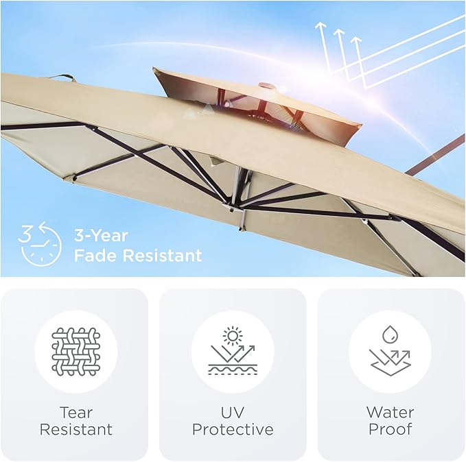 9' X 12' Cantilever Patio Umbrella with Base Included 360°Rotation Rectangular Outdoor Large Offset Umbrellas Double Top Heavy Duty Windproof for Garden Deck Pool Backyard, Beige