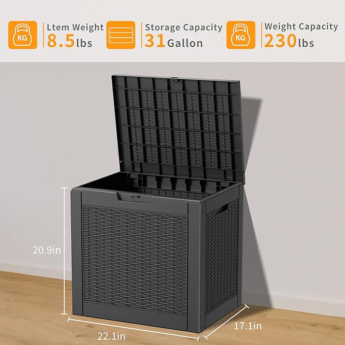 32 Gallon Deck Box Large Outdoor Storage for Patio Furniture,Outdoor Cushions,Garden Tools and Pool Supplies,Waterproof,Resin,Lockable(Grey)
