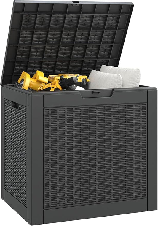 30 Gallon Outdoor Storage Deck Box Waterproof,Garden Tool,Backyard Cushion,Poolside Storage,Small Delivery Boxes for Outside,Lockable Lid,Rattan Black
