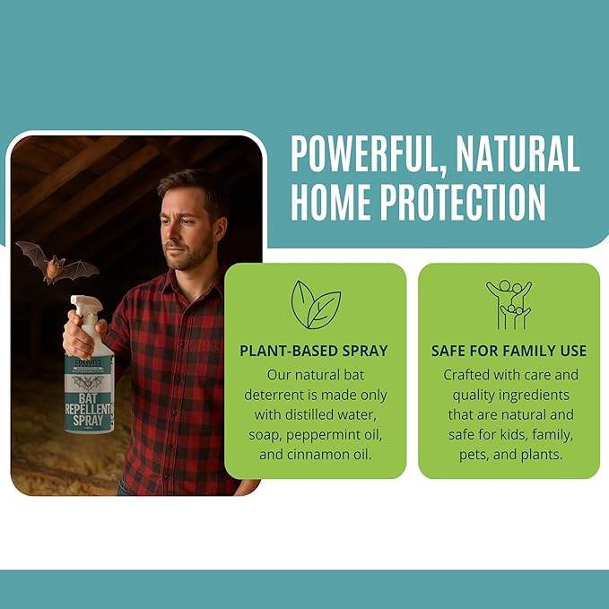 Bat Repellent Spray - Indoor/Outdoor Natural Deterrent, Discourage Invasion/Nesting Attic, Barnes, Homes, Garages (16 oz)