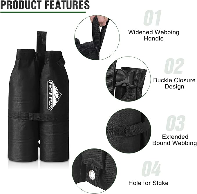 EAGLE PEAK Canopy Weight Bags 4-Pack, Heavy Duty Sand Bags for Pop Up Canopy Tent, Gazebo, and Greenhouse (Sand Not Included)