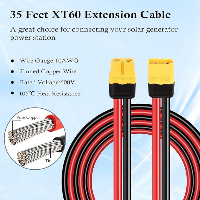 XT60 Extension Cable 10AWG 35FT With Male to Female Connector for Portable Power Station Solar Panel RC Battery